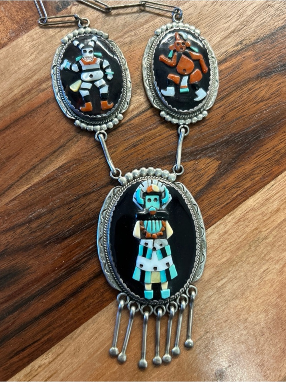 Zuni Inlay Kachina Necklace Shalako Clown Mudhead ARP Beverly Etsate Vintage NA